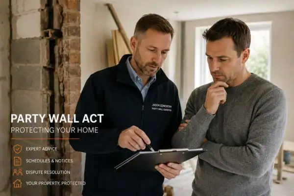 Party wall surveyor Gloucester discussing extension plans with homeowner outside a UK semi-detached house.